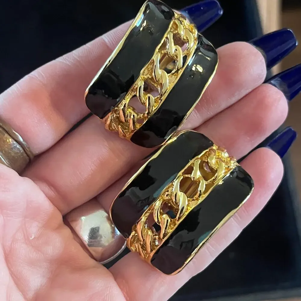 Vintage lot of four gold and black clip on earrings sequin statement enamel